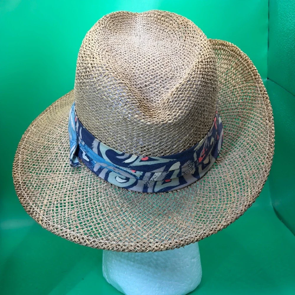 Peter Grimm Straw Fedora Hat Medium Tan Woven Boho Pattern Band Sun Cap USA Made